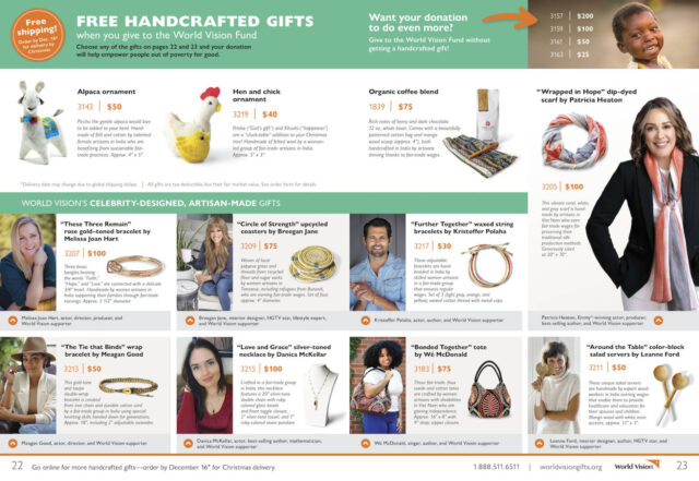 Free Handcrafted Gifts with donation to the World Vision Fund